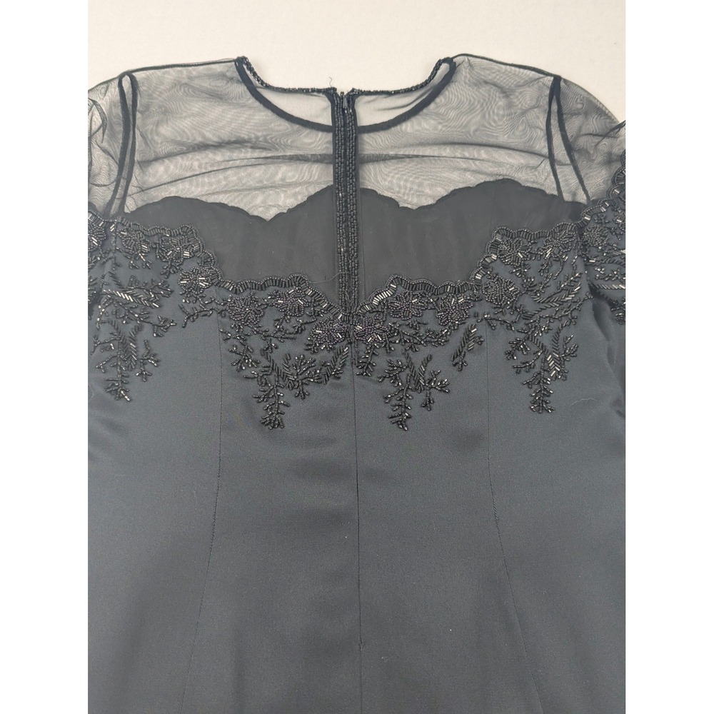 Oleg Cassini Black Tie Silk Beaded Illusion Dress Black Long Sleeve Size 8 - Picture 4 of 16